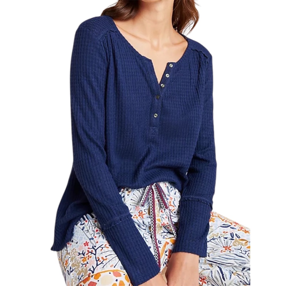 Anthropologie Navy Blue Waffle Knit Henley Long Sleeve Top Small SKU-A341